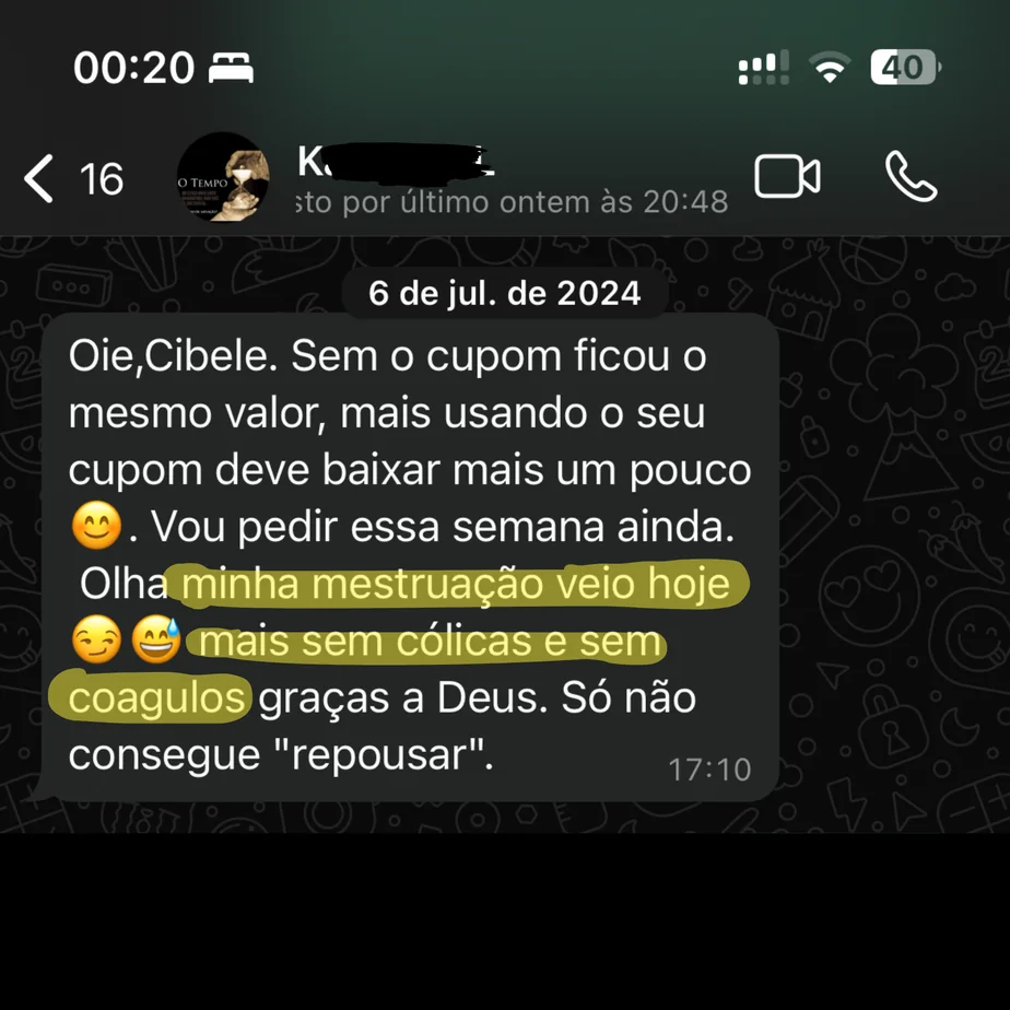 Print de conversa relatando menstruação sem cólicas e sem coágulos