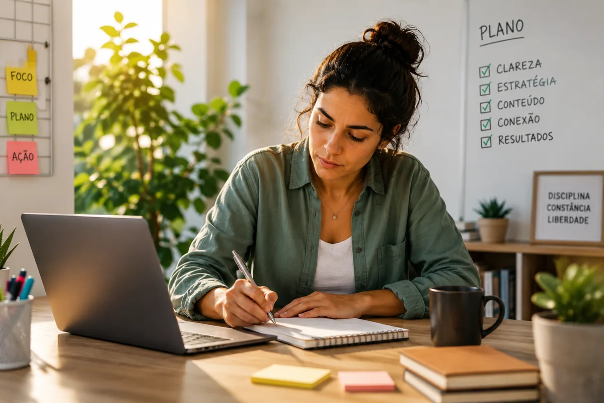 Mulher concentrada escrevendo seu plano em um caderno, com luz natural quente
