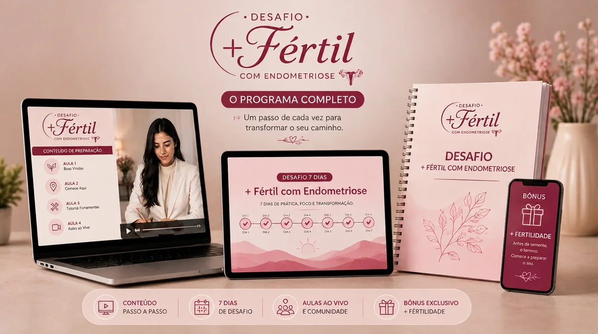 Mockup do Desafio +Fértil com Endometriose em notebook, tablet, apostila e celular
