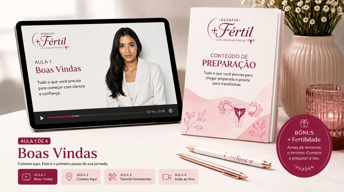 Mockup do conteúdo de preparação: aula em tablet e material impresso do Desafio +Fértil