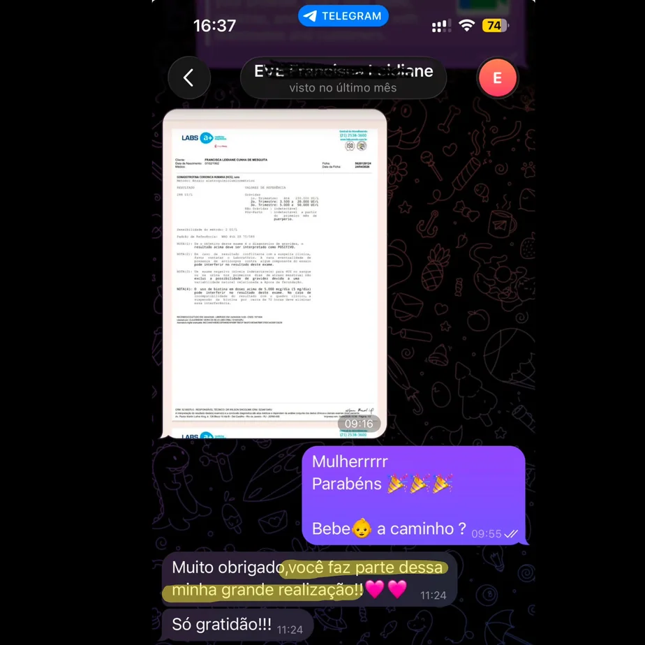 Print de conversa com exame de HCG positivo e mensagem de agradecimento